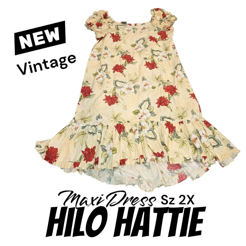 Hilo Hattie 2X NWOT Vintage Pale Yellow Hibiscus Floral Hawaiian Zip Maxi Dress